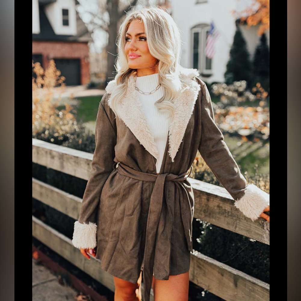Faux Brown Suede Coat with Faux Sherpa Fur Trim